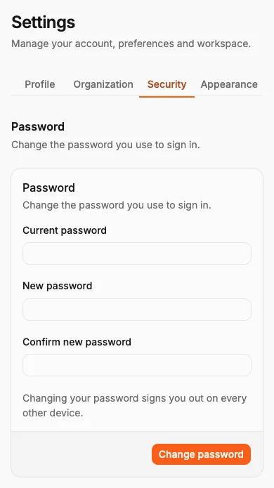 Account security settings for passwords, passkeys and two-factor authentication.
