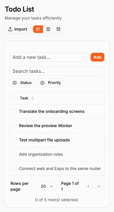 The todo app with five example tasks, priorities and workflow states.